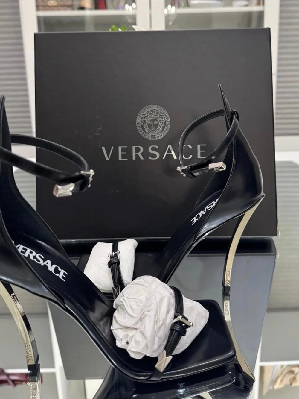 Versace Black High Heel Sandals with Silver Accents